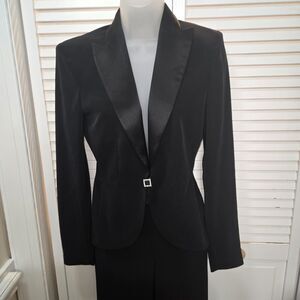 Y2k Vintage Ladies Sexy Caché Black Tuxedo Split Flare Leg 2 Pc Pant Suit Size 2